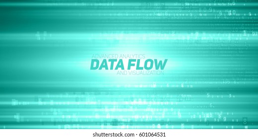 Vector abstract big data visualization. Green flow of data as numbers strings. Information code representation. Cryptographic analysis. Bitcoin, blockchain transfer. Stream of encoded data. 