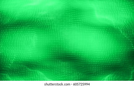 Vector abstract big data visualization. Green glowing data flow as binary numbers. Computer code representation. Cryptographic analysis \ hacking. Bitcoin, blockchain transfer. Pattern of program code