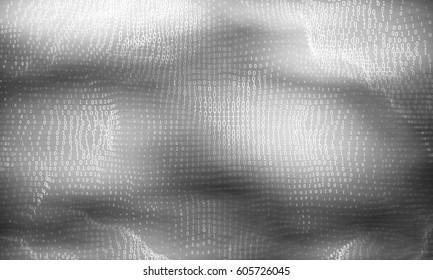 Vector abstract big data visualization. Grayscale glowing data flow as binary numbers. Computer code representation. Cryptographic analysis, hacking. Bitcoin, blockchain transfer. Program code pattern
