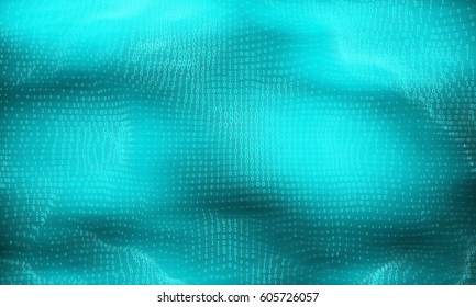 Vector abstract big data visualization. Cyan glowing data flow as binary numbers. Computer code representation. Cryptographic analysis \ hacking. Bitcoin, blockchain transfer. Pattern of program code