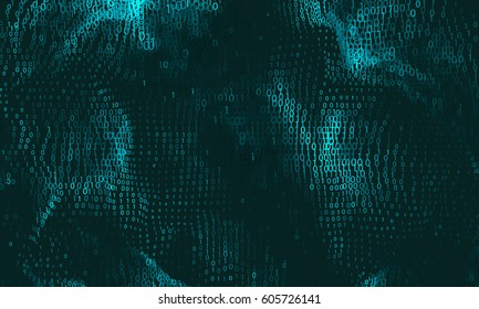 Vector abstract big data visualization. Cyan glowing data flow as binary numbers. Computer code representation. Cryptographic analysis \ hacking. Bitcoin, blockchain transfer. Pattern of program code