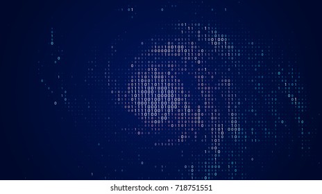 Vector abstract big data visualization. Blue glowing data flow as binary numbers. Computer code representation. Cryptographic analysis \ hacking. Bitcoin, blockchain transfer. Pattern of program code