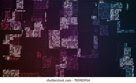 Vector abstract big data visualization. Colorful glowing data flow as binary numbers. Computer code representation. Cryptographic analysis, hacking. Bitcoin, blockchain transfer. Program code pattern