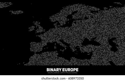 Vector abstract binary Europe map. Continents constructed from binary numbers. Global information network. Worldwide network. International data. Digital world in modern cyber reality.