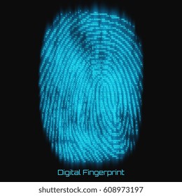 Vector abstract binary representation of fingerprint. Cyber thumbprint blue pattern composed of numbers with glow. Biometric identity verification. Futuristic sensor scan image. Digital dactylogram. 