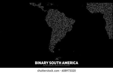 Vector abstract binary South America map. Continents constructed from binary numbers. Global information network. Worldwide network. International data. Digital world in modern cyber reality.
