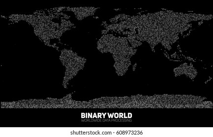 Vector abstract binary world map. Continents constructed from binary numbers. Global information network. Worldwide network. International data. Digital world in modern cyber reality.