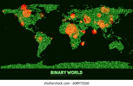 Vector abstract binary world map. Continents constructed from green binary numbers. Global information network. Worldwide network. International data. Highlighted points of interest on the map. 