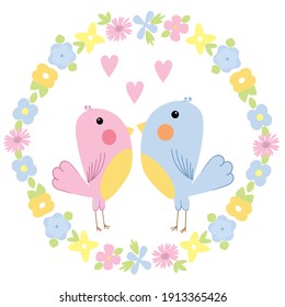 Vector abstract birds isolated on white background with frame of flowers. Cute enamored birds  cartoon flat style. Illustration on the theme of love.