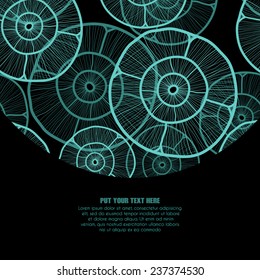 Vector abstract black background with circular blue oceanic illuminates elements, with sample text and space for your text. For cards, invitations,announcement, covers.