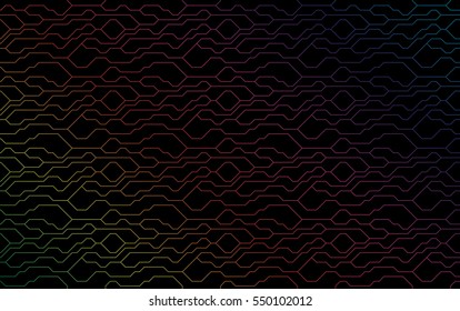 Vector abstract black background with colorful technical lines for presentations, business, web, computer and mobile apps, graphic design. Technology geometric motion. Digital network texture