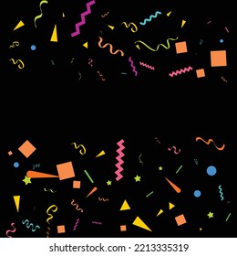 Vector abstract Black Background with many falling tiny colorful confetti pieces and ribbon. Carnival. Christmas or New Year decoration colorful party pennants for birthday. festival