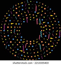 Vector abstract Black Background with many falling tiny colorful confetti pieces and ribbon. Carnival. Christmas or New Year decoration colorful party pennants for birthday. festival