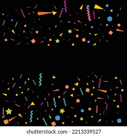 Vector abstract Black Background with many falling tiny colorful confetti pieces and ribbon. Carnival. Christmas or New Year decoration colorful party pennants for birthday. festival