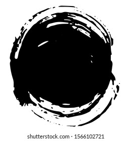 Vector Abstract black brush circle. Grunge brushstroke freehand ink decor. Black and white engraved ink art. Isolated ink brush stroke illustration element.