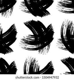 Vector Abstract black brush curl. Grunge brushstroke freehand ink decor. Black and white engraved ink art. Seamless background pattern. Fabric wallpaper print texture.
