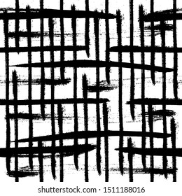 Vector Abstract black brush curl. Grunge brushstroke freehand ink decor. Black and white engraved ink art. Seamless background pattern. Fabric wallpaper print texture.