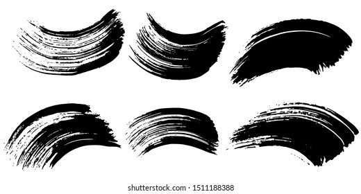Vector Abstract black brush curl. Grunge brushstroke freehand ink decor. BlackVector and white engraved ink art. Isolated brush splash illustration element.