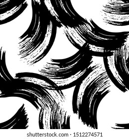 Vector Abstract black brush curl. Grunge brushstroke freehand ink decor. Black and white engraved ink art. Seamless background pattern. Fabric wallpaper print texture.