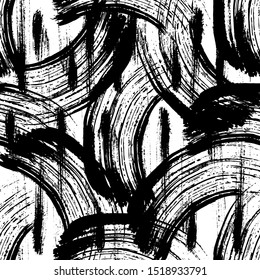 Vector Abstract Black Brush Curl. Grunge Brushstroke Freehand Ink Decor. Black And White Engraved Ink Art. Seamless Background Pattern. Fabric Wallpaper Print Texture.