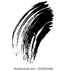 Vector Abstract black brush curl. Grunge brushstroke freehand ink decor. BlackVector and white engraved ink art. Isolated brush splash illustration element.