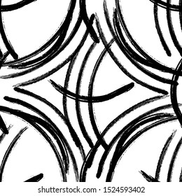 Vector Abstract black brush curl. Grunge brushstroke freehand ink decor. Black and white engraved ink art. Seamless background pattern. Fabric wallpaper print texture.
