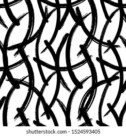 Vector Abstract black brush curl. Grunge brushstroke freehand ink decor. Black and white engraved ink art. Seamless background pattern. Fabric wallpaper print texture.