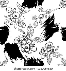 Vector Abstract black brush splash. Grunge brushstroke freehand ink decor. Blueberry Black and white engraved ink art. Seamless background pattern. Fabric wallpaper print texture.
