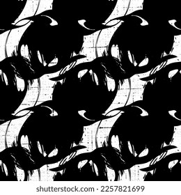 Vector abstract black brush swirl. Decor ink freehand with a grunge brushstroke. Black and white engraved ink. Seamless background pattern. Texture print fabric wallpaper.