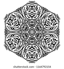 Vector abstract black color decorative floral ethnic round ornamental illustration. 