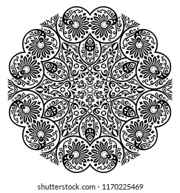Vector abstract black color decorative floral ethnic round ornamental illustration. 