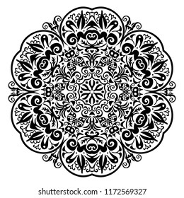 Vector abstract black color decorative floral ethnic round ornamental illustration. 