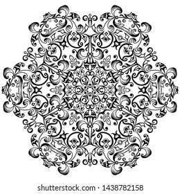 Vector abstract black color decorative floral ethnic round ornamental illustration. 