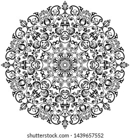 Vector abstract black color decorative floral ethnic round ornamental illustration. 