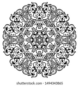 Vector abstract black color decorative floral ethnic round ornamental illustration. 