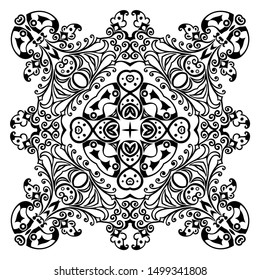 Vector abstract black color decorative floral ethnic round ornamental illustration. 
