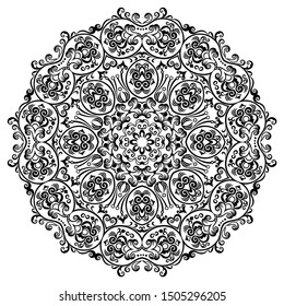 Vector abstract black color decorative floral ethnic round ornamental illustration. 