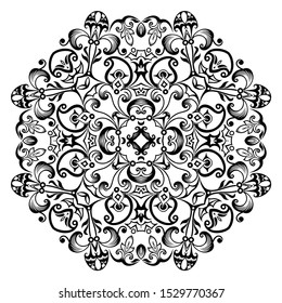 Vector abstract black color decorative floral ethnic ornamental illustration. 