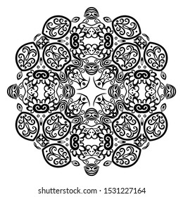 Vector abstract black color decorative floral ethnic ornamental illustration. 