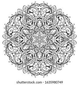 Vector abstract black color decorative floral ethnic ornamental illustration. 