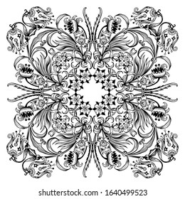 Vector abstract black color decorative floral ethnic ornamental illustration. 