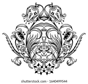 Vector abstract black color decorative floral ethnic ornamental illustration. 