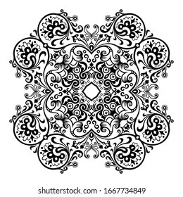 Vector abstract black color decorative floral ethnic ornamental illustration. 