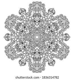 Vector abstract black color decorative floral ethnic round ornamental illustration. 