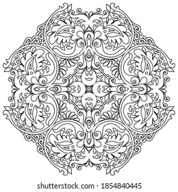 Vector abstract black color decorative floral ethnic round ornamental illustration. 