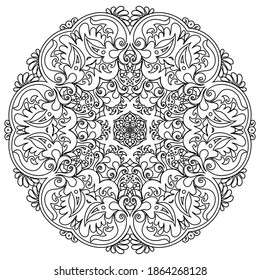 Vector abstract black color decorative floral ethnic round ornamental illustration. 