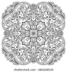 Vector abstract black color decorative floral ethnic round ornamental illustration. 