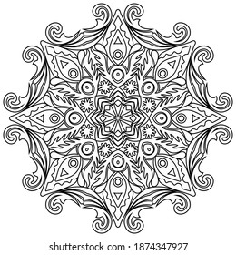 Vector abstract black color decorative floral ethnic round ornamental illustration. 