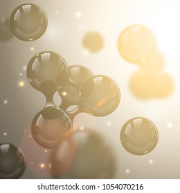 Vector abstract black glossy molecules design. Atoms with glow nuclear sparks and lens flare light effect. Futuristic alien gene background for science banner. Molecular structure spherical particles