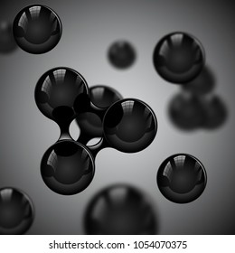 Vector abstract black glossy molecules design. Atoms illustration. Medical background for science banner or flyer. Molecular structure with spherical particles